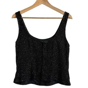 Cache Vintage Black Beaded Silk Tank Top Size L Scoop Neck Zip Back Night Out